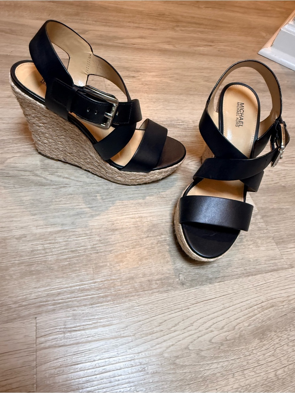 Michael Kors Black Leather Espadrille Platform Wedge Sandals Buckle 6.5